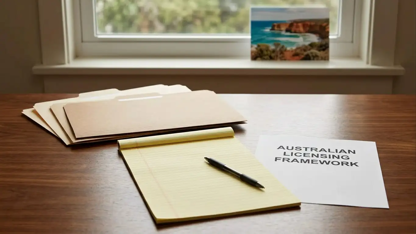 Plain folders, a blank legal pad and a pen on a desk beside a small Australian landscape photograph