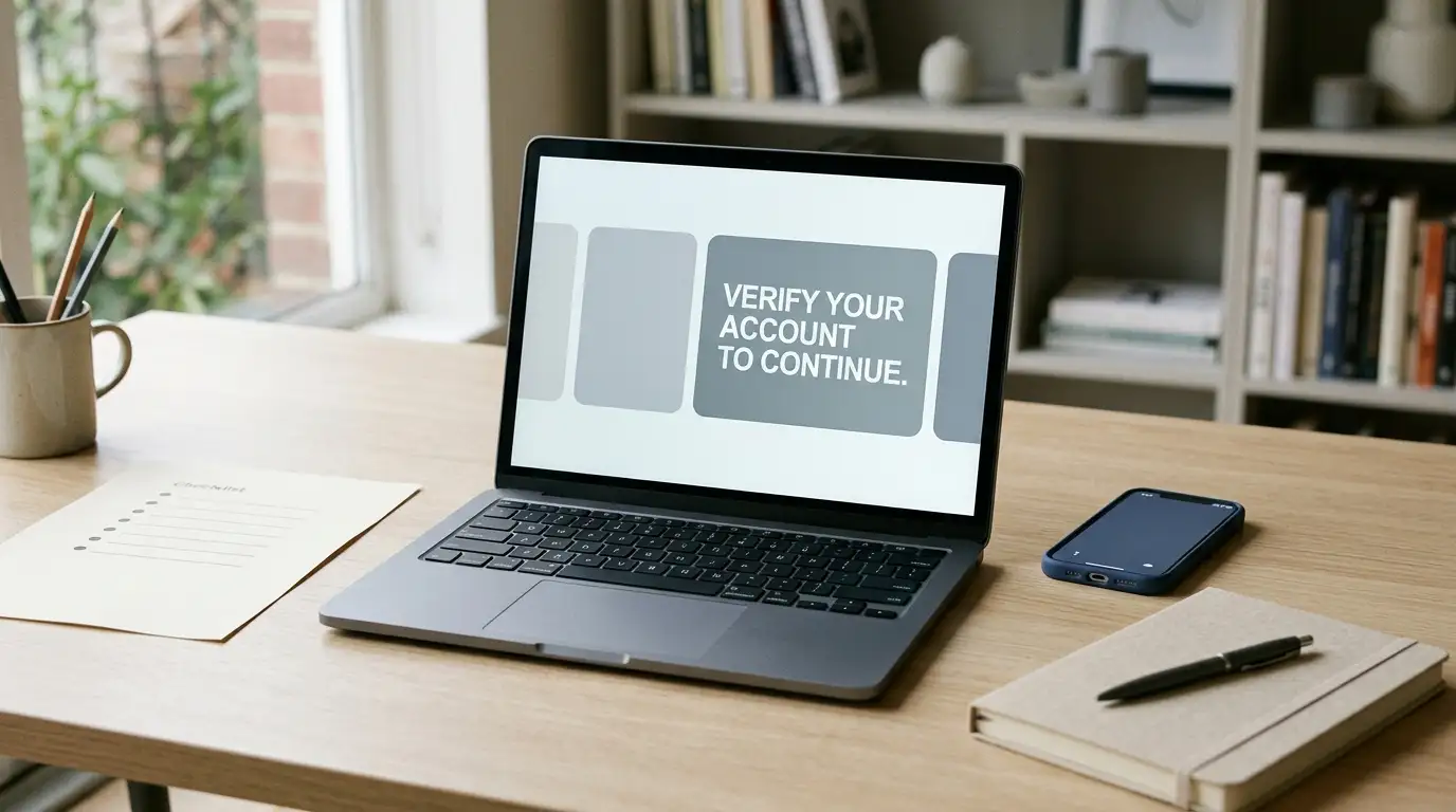 Unbranded laptop and phone beside a plain paper checklist and closed notebook on a desk