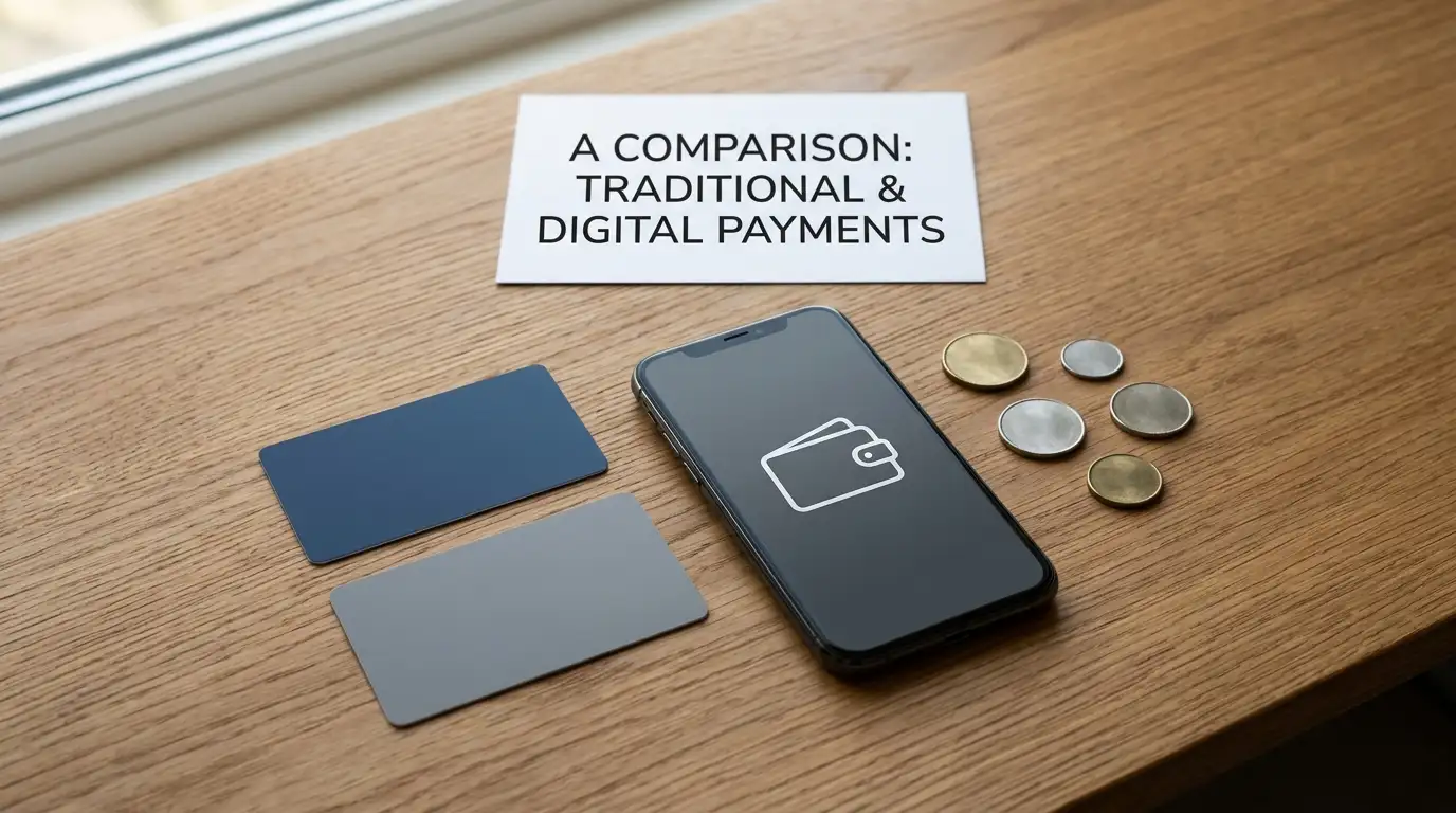 Unbranded bank cards, a phone showing a generic wallet symbol and plain coin-shaped objects on a desk