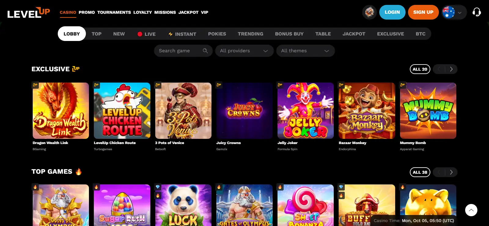 LevelUp Casino public homepage showing its navigation and game-category interface