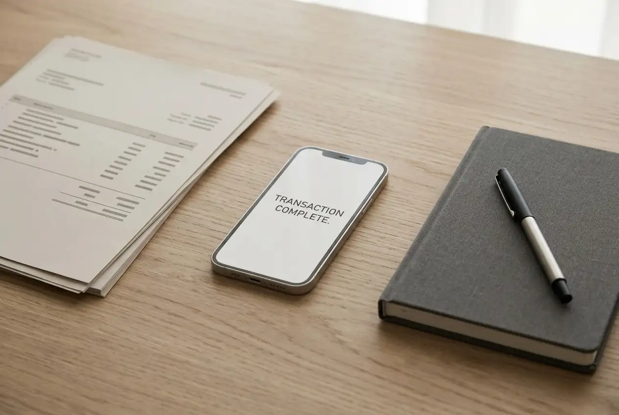 Plain payment paperwork, a neutral mobile phone and a closed notebook arranged on a wooden desk